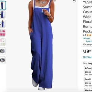 YESNO Women's Summer Boho Casual Jumpsuits Wide Leg Overalls Blue Large